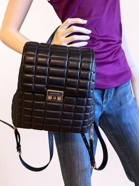 NWT Michael Kors Tribeca Small Quilted Puffy Black Leather Backpack Bag